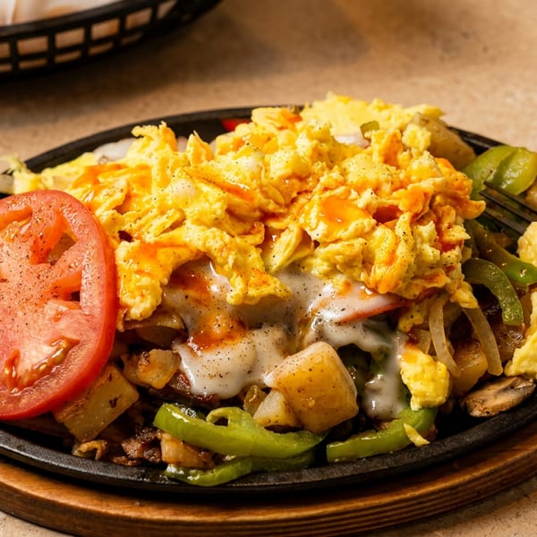 Hot breakfast skillet with scrambled eggs, potatoes, peppers, onions, cheese, and a fresh tomato.