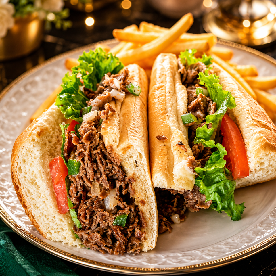 Two steak subs with lettuce, tomato, and onions, served with a side of golden fries.