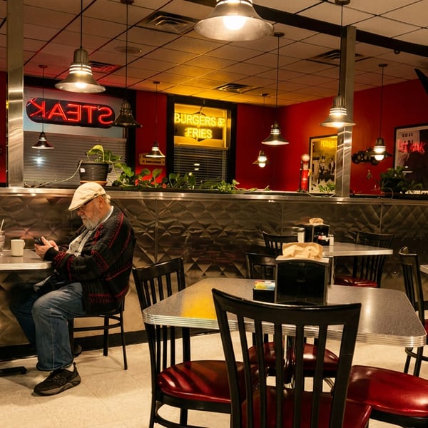 Older man using phone at a retro diner with red walls and neon signs.
