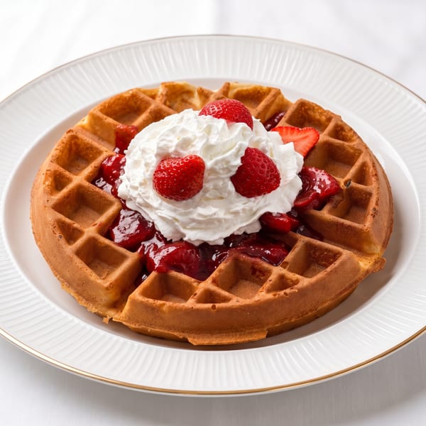 Golden waffle topped with whipped cream, strawberry jam, and fresh strawberries on a white plate.