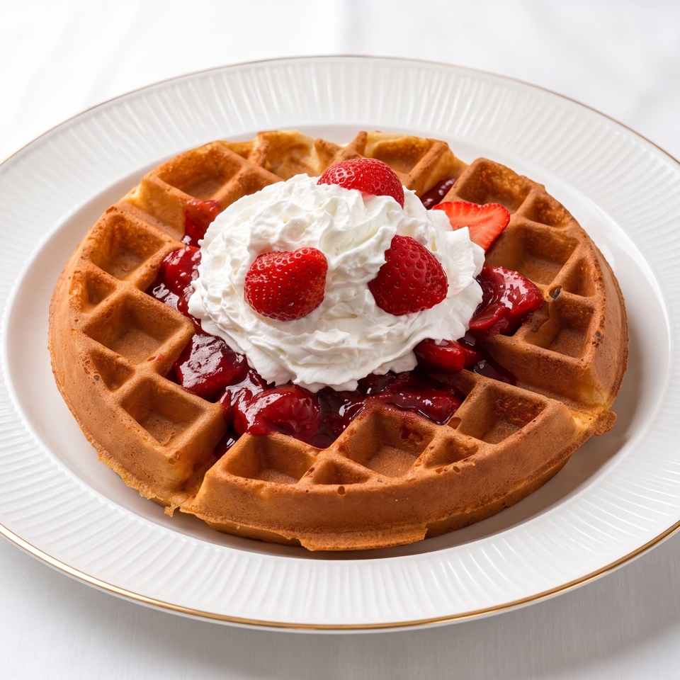 Golden waffle topped with whipped cream, strawberry jam, and fresh strawberries on a white plate.