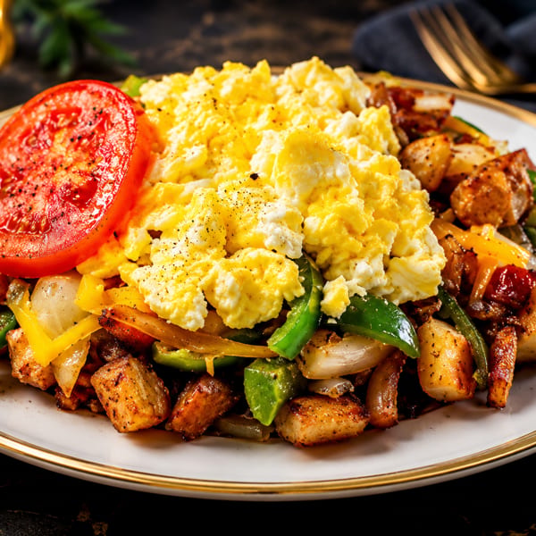 Scrambled eggs, roasted potatoes, bell peppers, and onions, topped with a tomato slice.