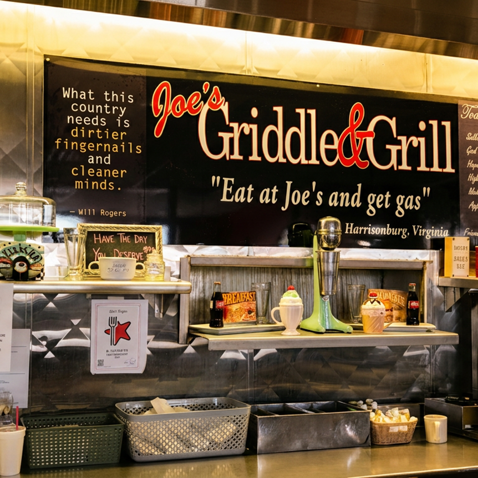 Retro diner counter with "Joe's Griddle & Grill" sign and Route 66 decor.