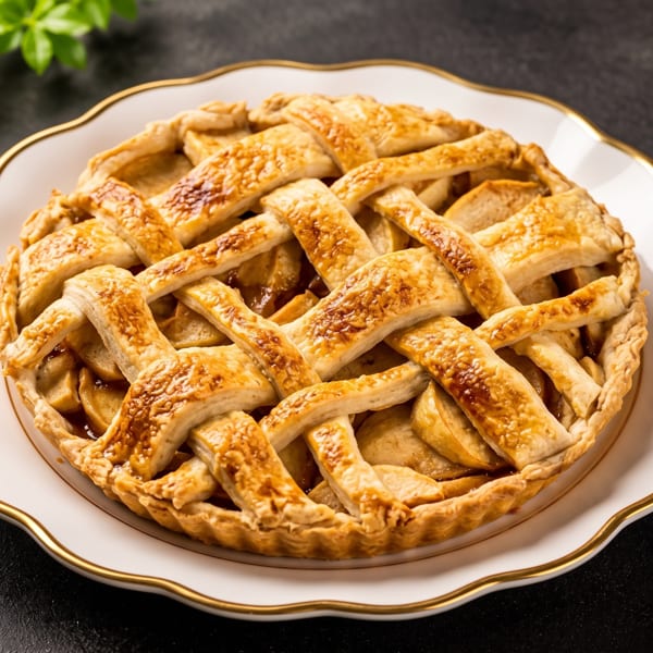 Golden-brown lattice-top apple pie on a white scalloped plate with a gold rim.