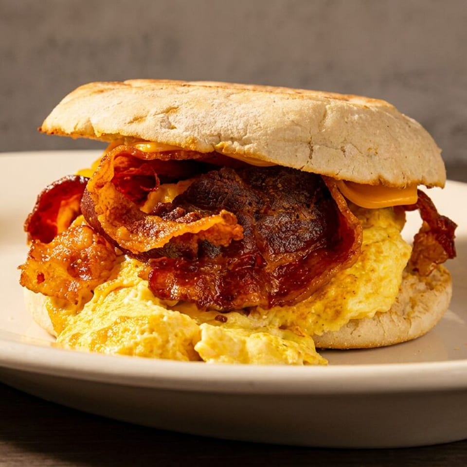 Breakfast sandwich with crispy bacon, scrambled eggs, and cheese on an English muffin.